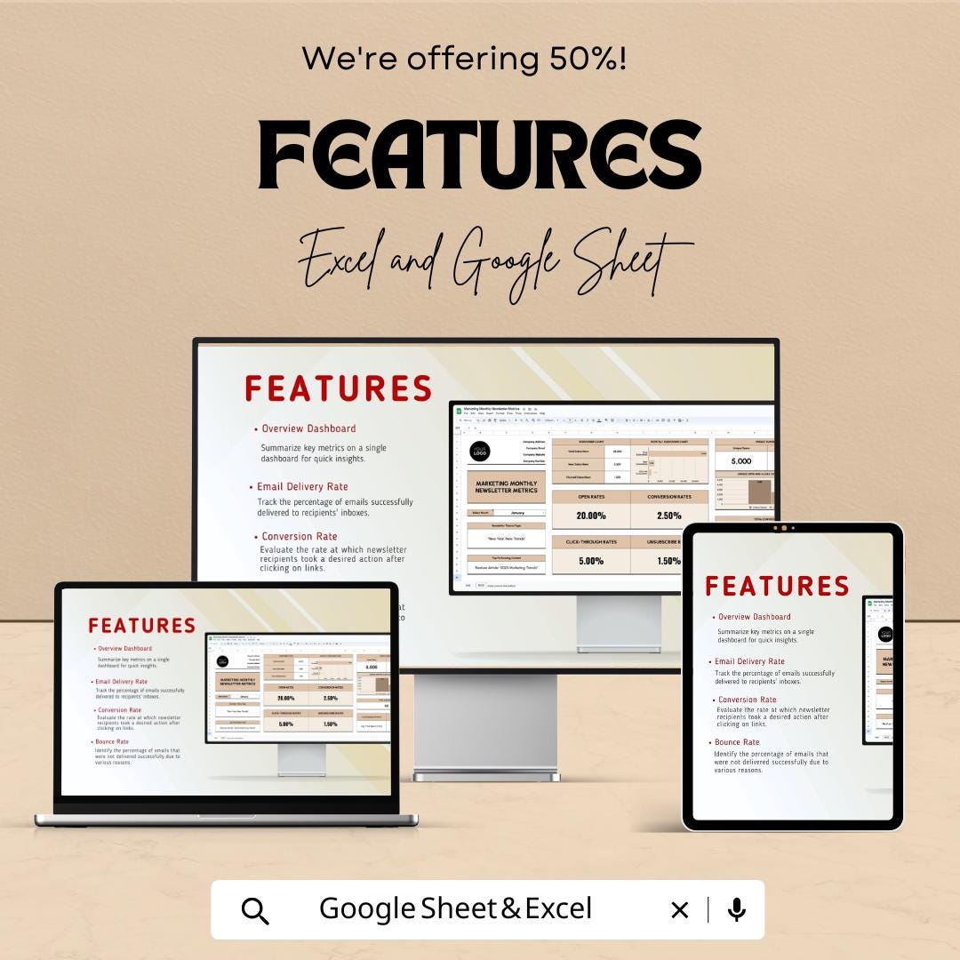 Marketing Monthly Newsletter Metrics Template | Email Analytics Tracker | Newsletter KPI Dashboard | Excel & Google Sheets Template | Email