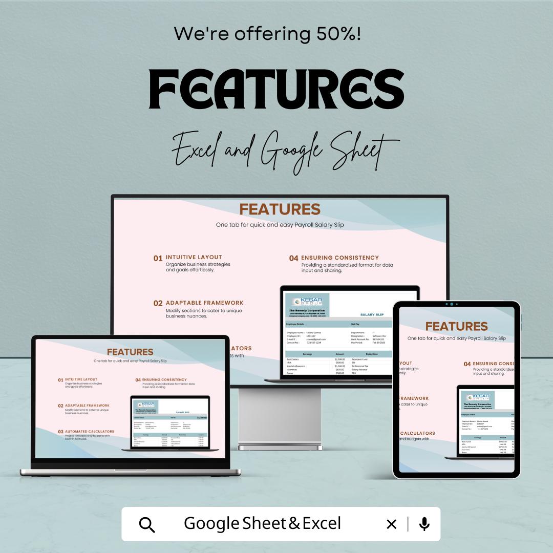 Payroll Salary Slip Sheet Template - Excel & Google Sheets - Employee Payslip Generator - Track Earnings, Deductions, and More
