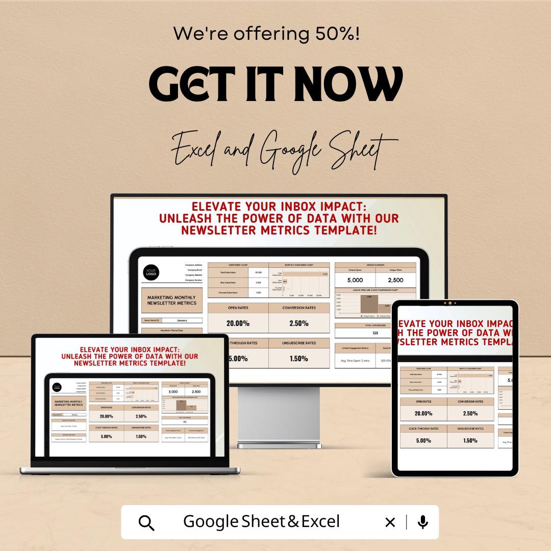 Marketing Monthly Newsletter Metrics Template | Email Analytics Tracker | Newsletter KPI Dashboard | Excel & Google Sheets Template | Email