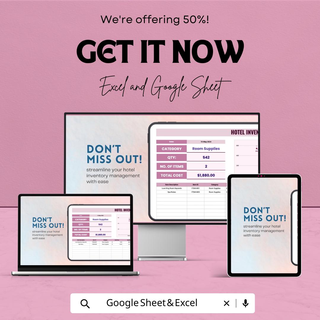Hotel Inventory Template | Hospitality Stock Management Spreadsheet | Excel & Google Sheets Hotel Inventory Tracker | Stock In Stock Out Log