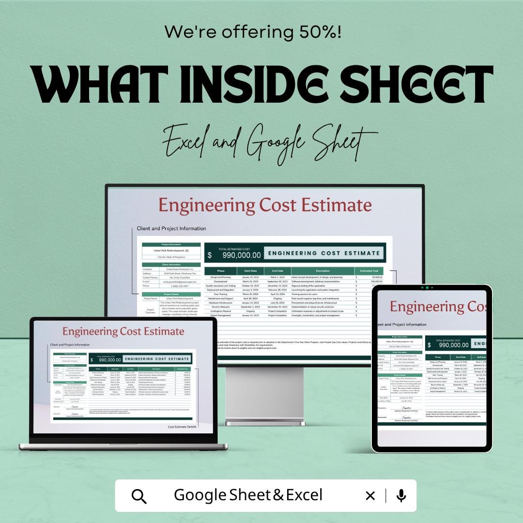 Engineering Cost Estimate Template | Project Cost Spreadsheet | Construction Budget Template | Excel & Google Sheets |