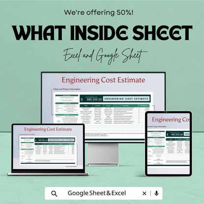 Engineering Cost Estimate Template | Project Cost Spreadsheet | Construction Budget Template | Excel & Google Sheets |