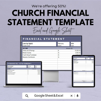 Church Financial Statement Template | Church Income and Expense Report | Monthly Financial Statement | Excel and Google Sheets Template