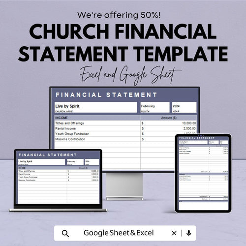 Church Financial Statement Template | Church Income and Expense Report | Monthly Financial Statement | Excel and Google Sheets Template