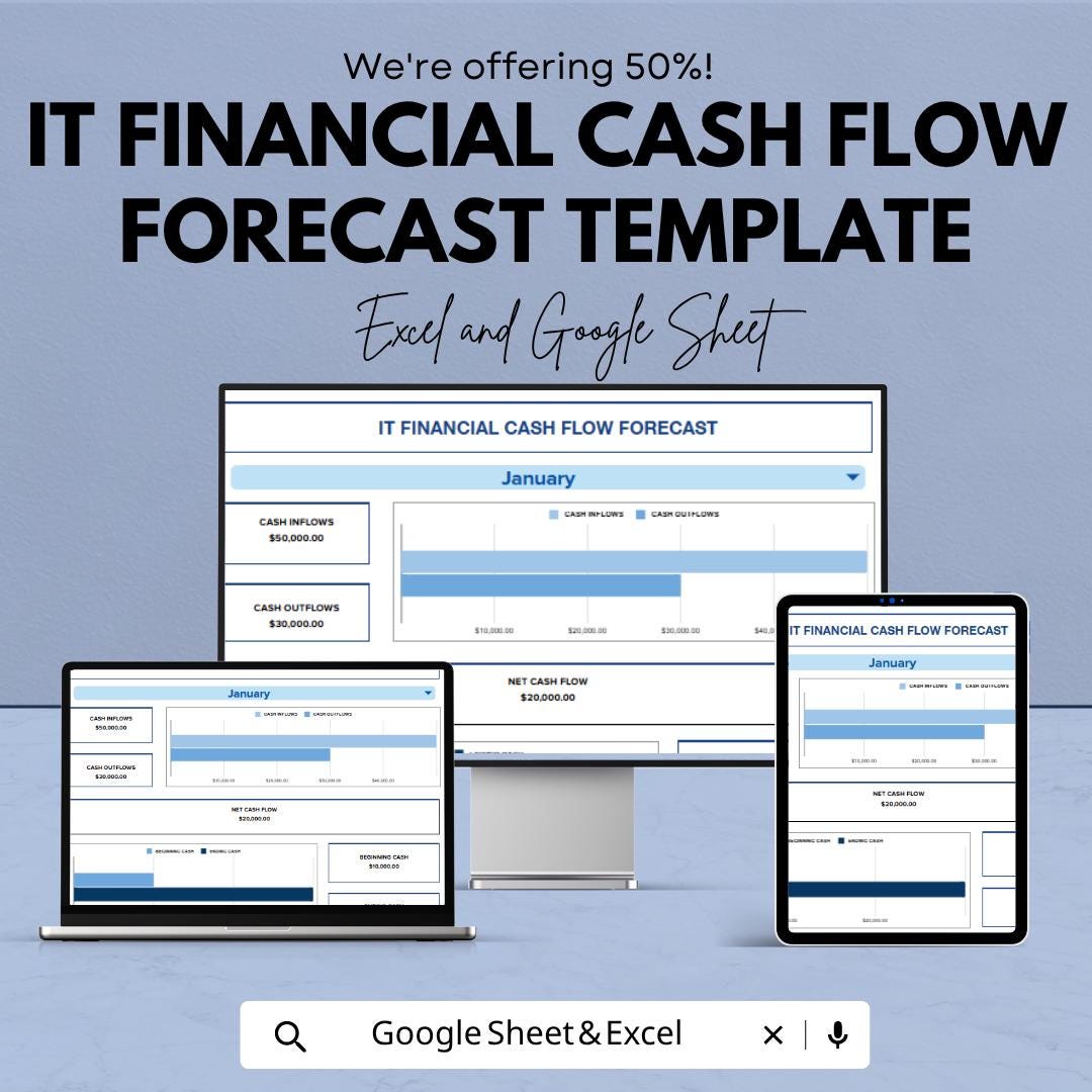 IT Financial Cash Flow Forecast Template | IT Cash Flow Spreadsheet | Technology Budget Planner | Excel & Google Sheets | Business Financial