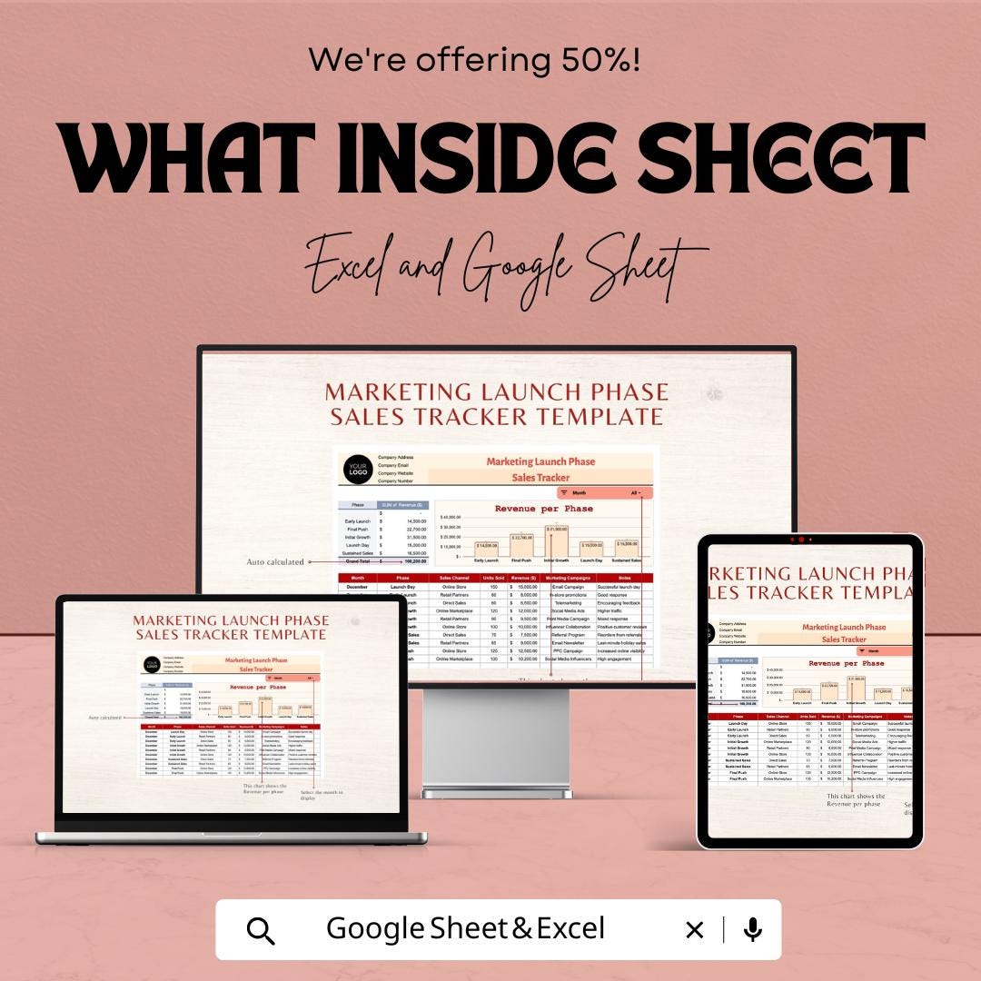 Marketing Launch Phase Sales Tracker Template | Product Launch Sales Dashboard | Excel & Google Sheets Marketing Tracker