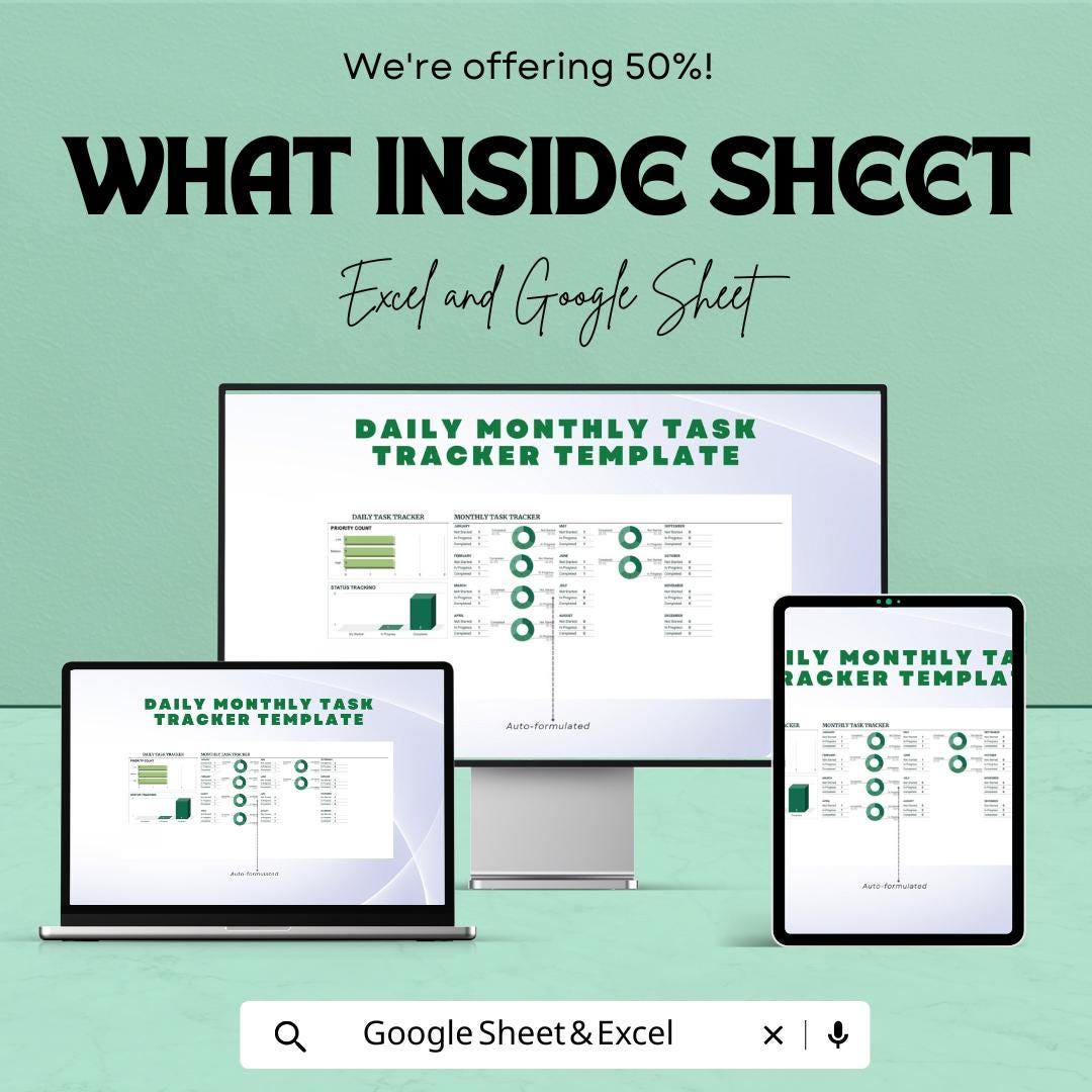 Daily and Monthly Task Tracker Sheet | Excel and Google Sheets | Task Management Template | Productivity & Goal Planner