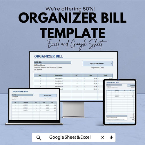 Organizer Bill Template for Excel & Google Sheets | Invoice Tracker Spreadsheet | Bill Organizer Planner | Editable Billing Template