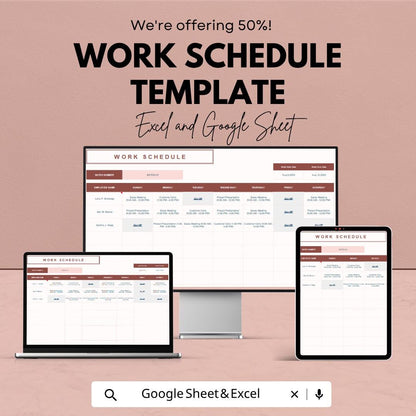 Work Schedule Template Excel Google Sheets | Employee Schedule Template | Weekly Work Schedule | Staff Planner Spreadsheet | Shift Schedule
