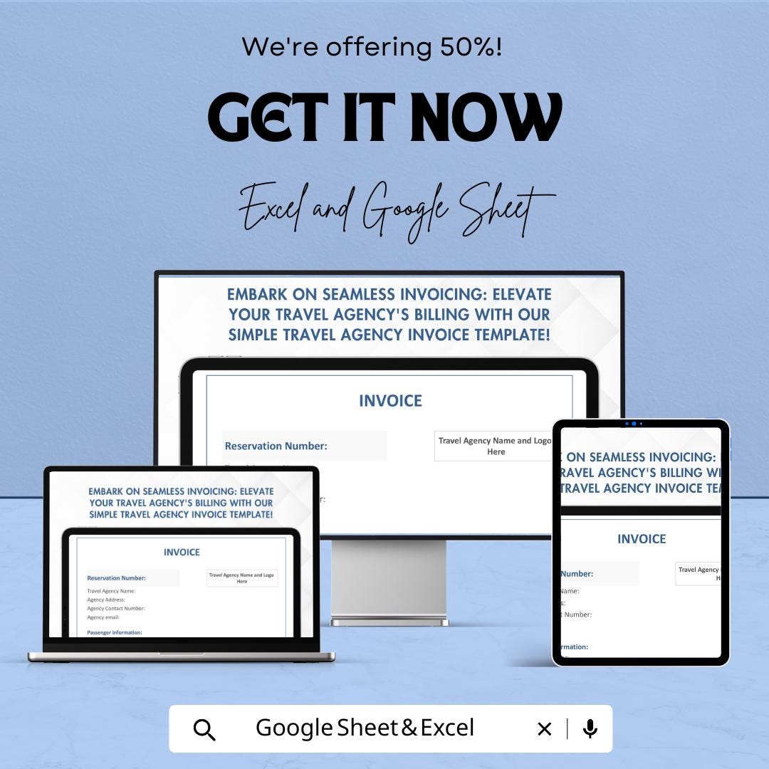 Simple Travel Agency Invoice Sheet - Excel and Google Sheets | Customizable Travel Invoice Template | Reservation & Payment Tracker