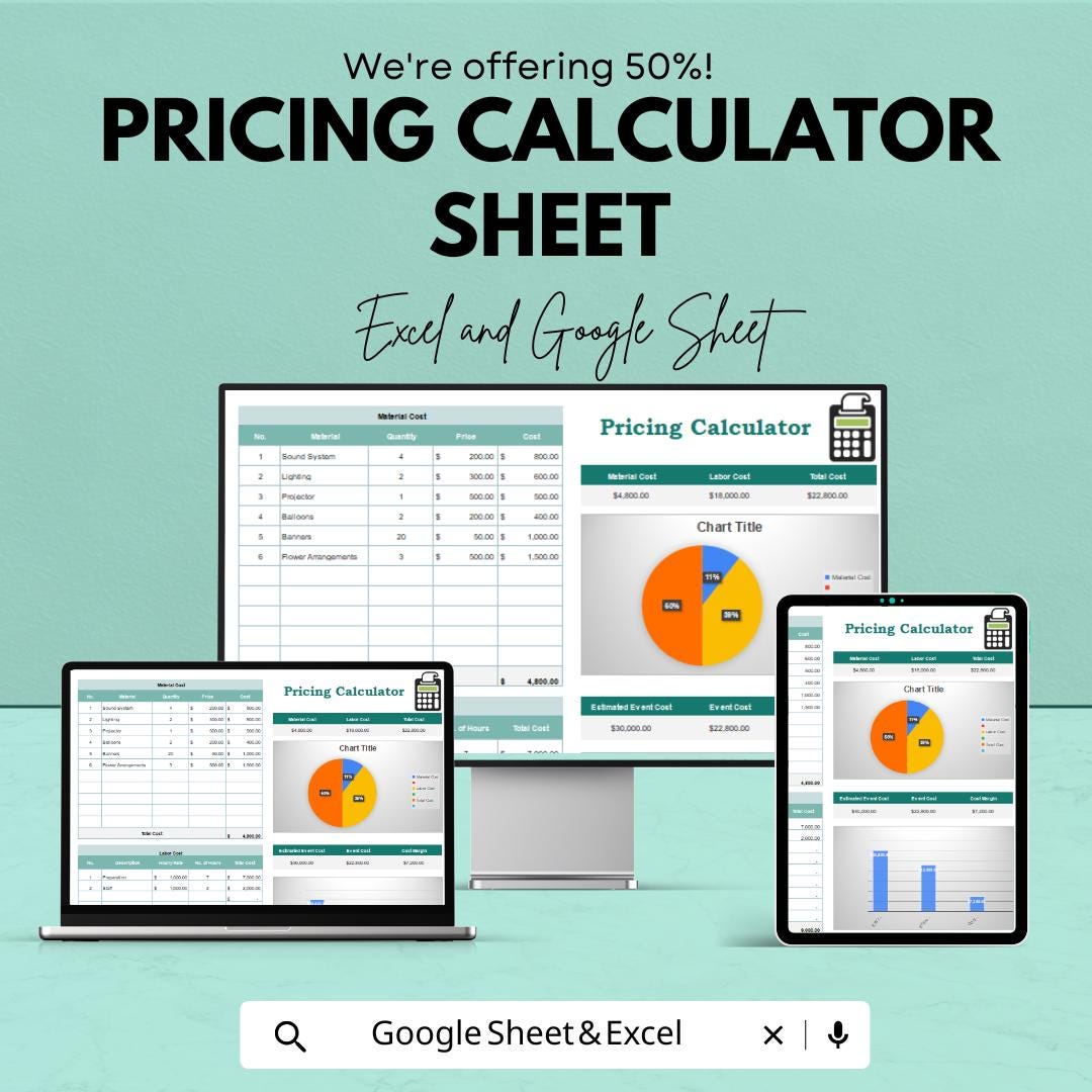 Pricing Calculator Sheet for Material & Labor Cost | Excel and Google Sheet Template | Event Planning, Budgeting, and Cost Estimation