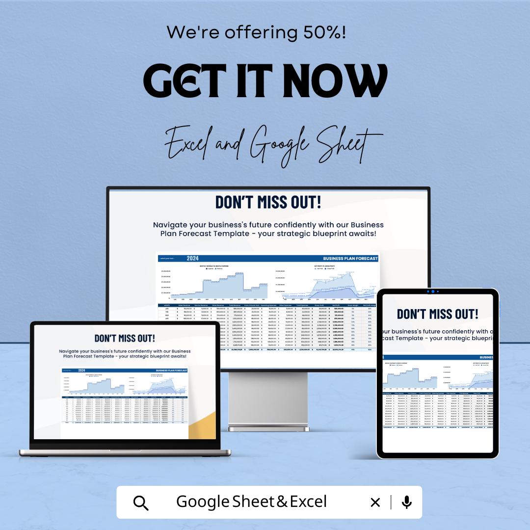 Business Plan Forecast Template | Financial Projection sheet | Revenue and Expense Forecast | Excel & Google Sheets | Business Planner