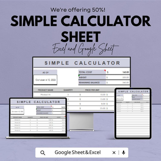 Simple Calculator Sheet | Google Sheets  | Budgeting & Cost Calculation Tool | Easy-to-Use Expense Tracker | Customizable Spreadsheet