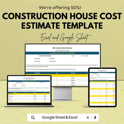 Construction House Cost Estimate Template | Home Building Budget Spreadsheet | Construction Budget Planner | Contractor Estimate Sheet |