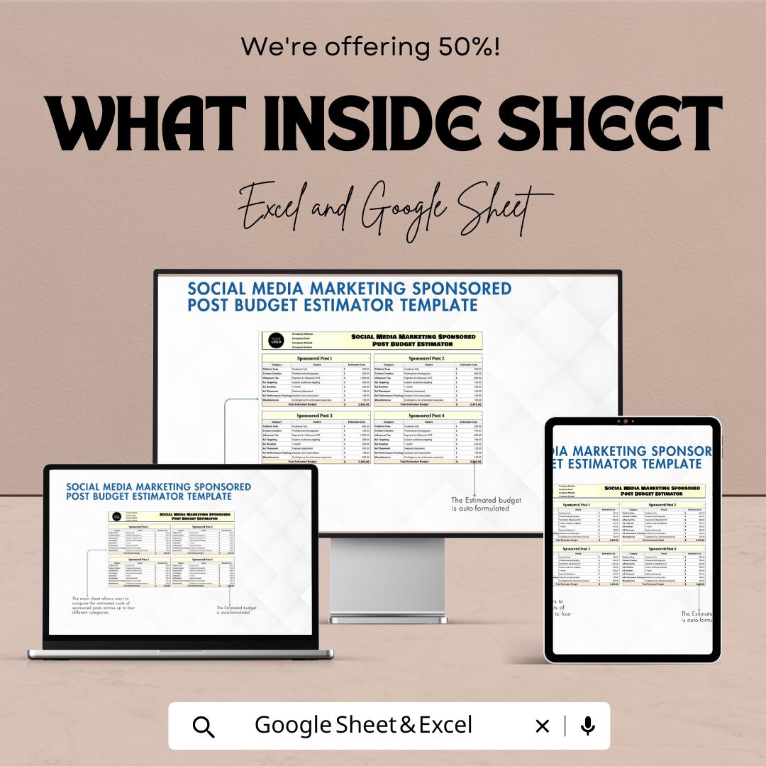 Social Media Marketing Sponsored Post Budget Estimator | Excel & Google Sheets | Ad Campaign Cost Planner | Social Media Ads Budget Template