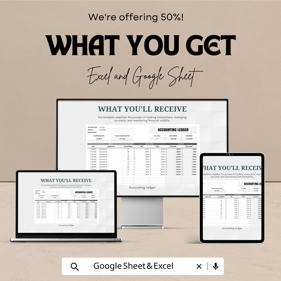 Accounting Ledger Template | Bookkeeping Spreadsheet | Transaction Log | Debit Credit Ledger | Finance Template