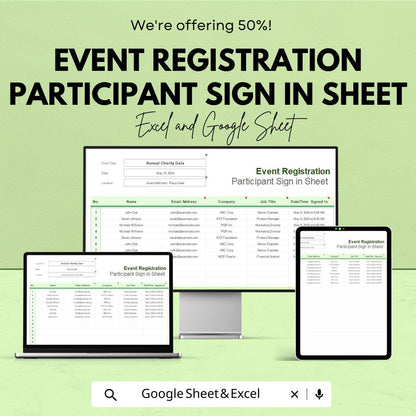Event Registration Participant Sign-In Sheet | Excel & Google Sheets Template | Event Management Tool | Attendance Tracking |