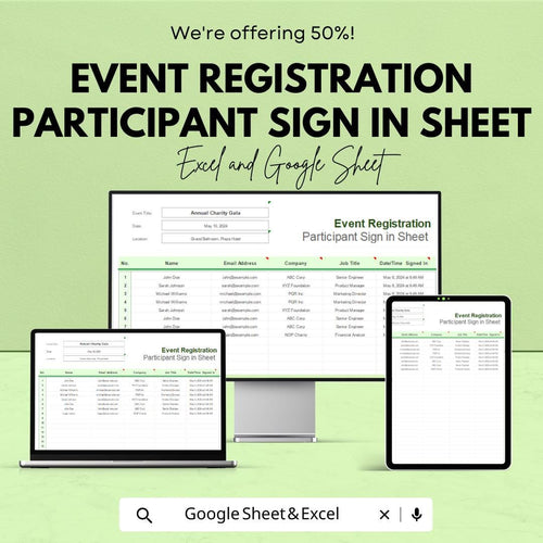 Event Registration Participant Sign-In Sheet | Excel & Google Sheets Template | Event Management Tool | Attendance Tracking |