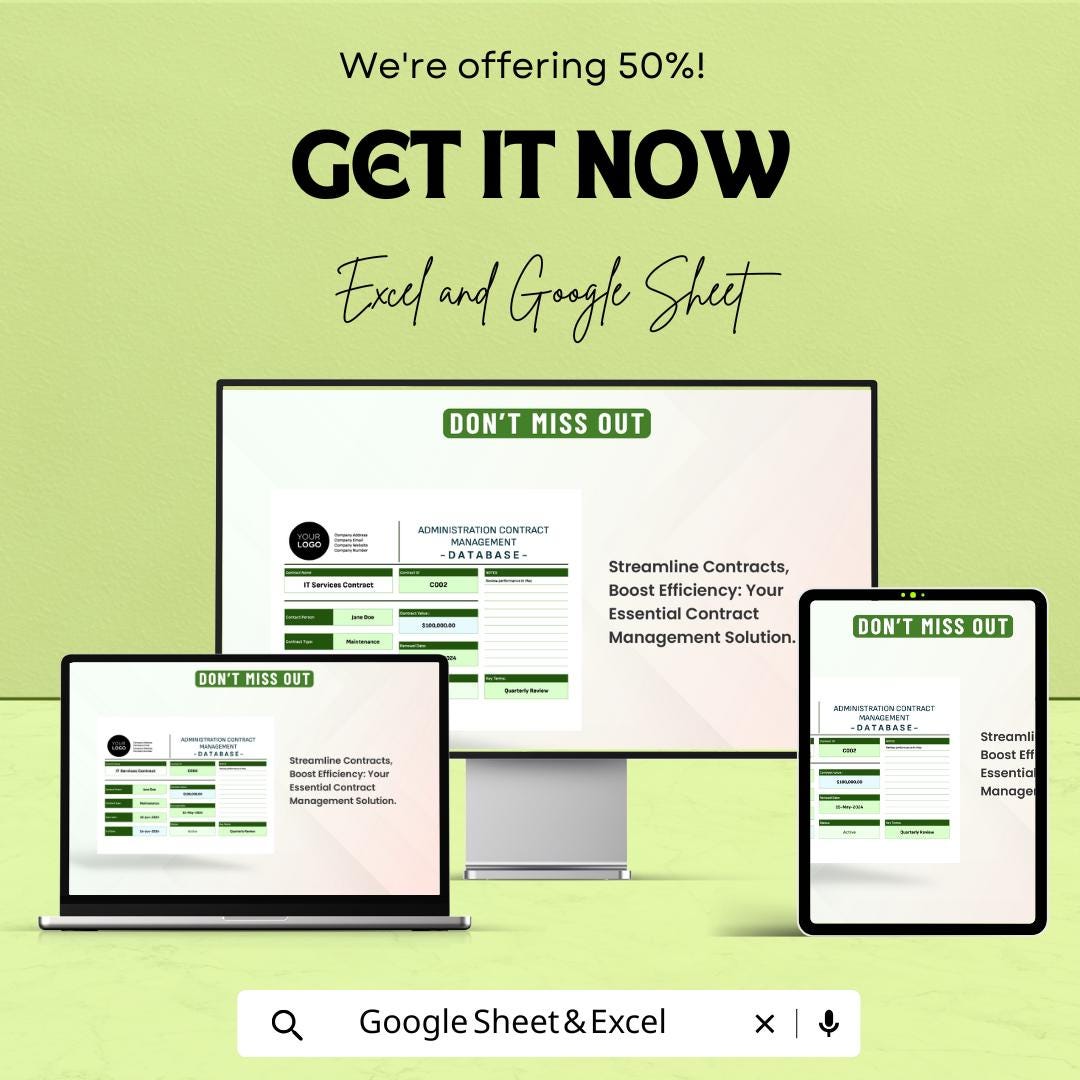 Administration Contract Management Database Sheet – Excel & Google Sheets – Contract Tracking, Renewal Reminders, and Compliance Tool