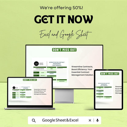 Administration Contract Management Database Sheet – Excel & Google Sheets – Contract Tracking, Renewal Reminders, and Compliance Tool