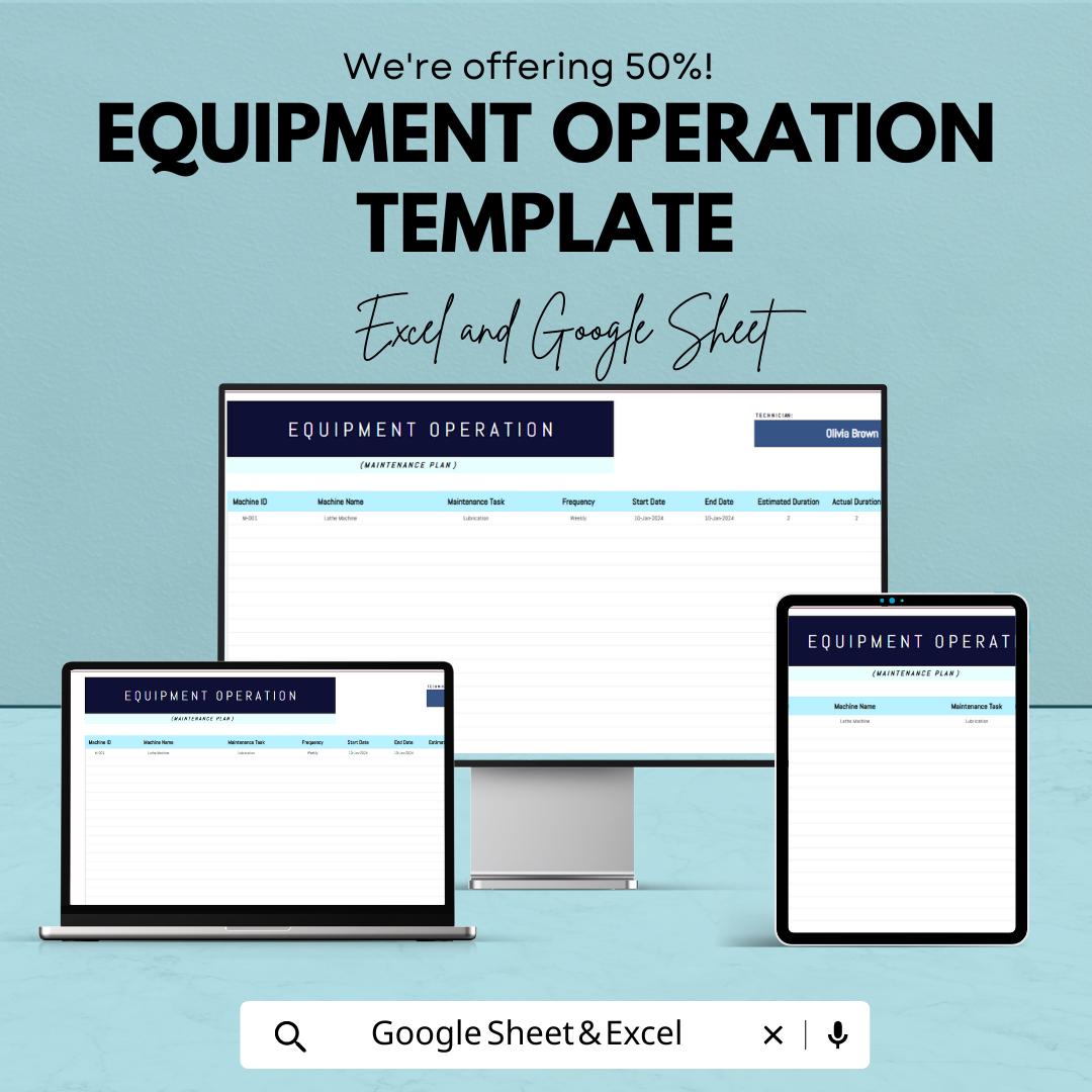 Equipment Operation Template, Equipment Maintenance Tracker, Asset Management Spreadsheet, Equipment Log, Excel & Google Sheets