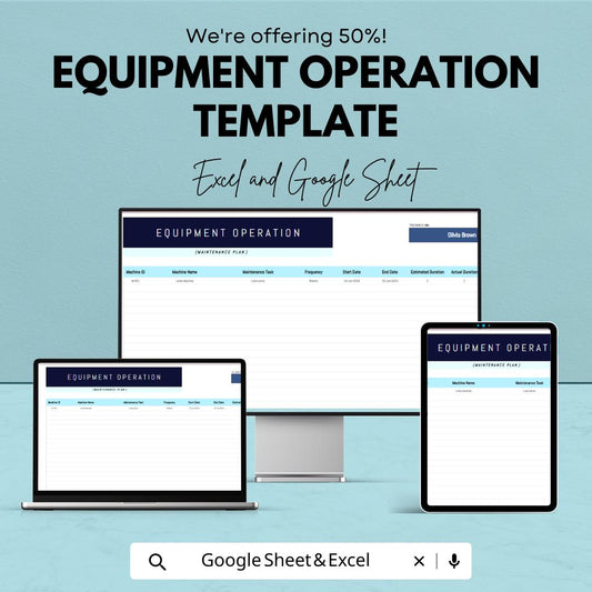 Equipment Operation Template, Equipment Maintenance Tracker, Asset Management Spreadsheet, Equipment Log, Excel & Google Sheets