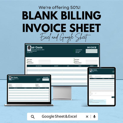 Blank Billing Invoice Sheet | Excel & Google Sheets Template | Invoice Generator | Customizable Billing Template | Instant Download