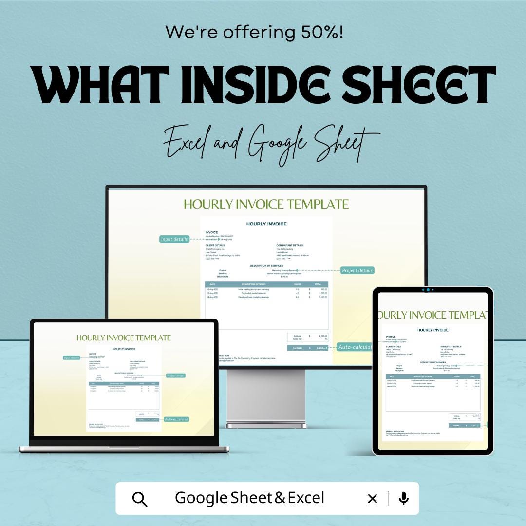 Hourly Invoice Template | Freelance Billing Sheet | Service Invoice Tracker | Editable Consultant Invoice | Business Invoice Format