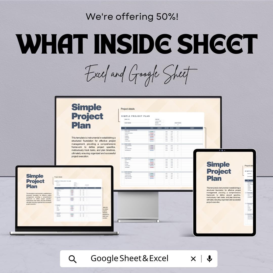 Simple Project Plan Sheet | Excel and Google Sheets Template | Project Management Planner | Task Tracker | Milestone & Budget Planner |