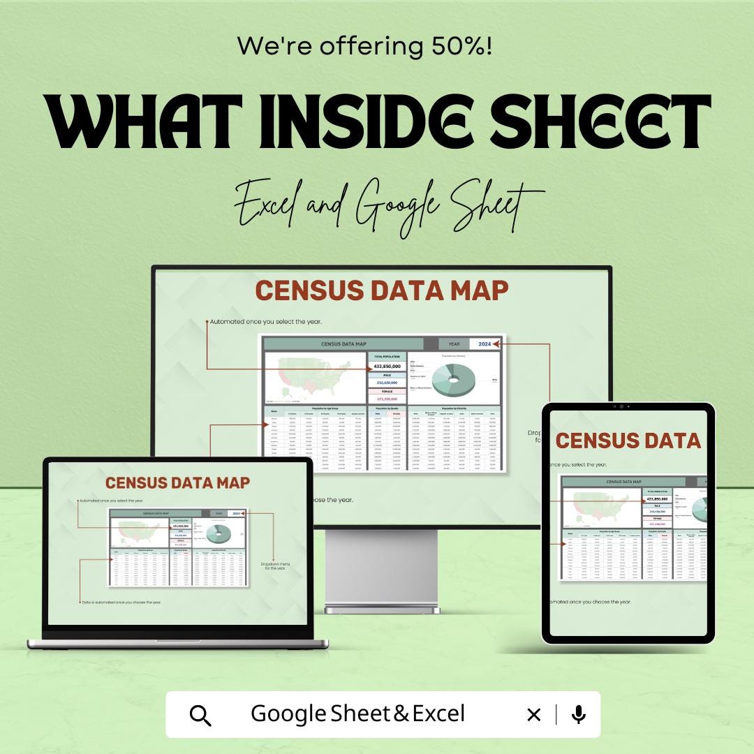 Census Data Map Sheet – US Population and Demographics Data in Excel & Google Sheets, Interactive Map Template, Easy-to-Use