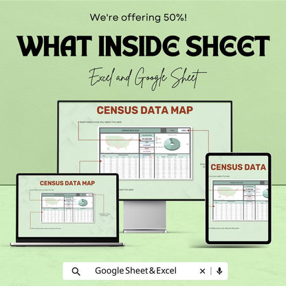 Census Data Map Sheet – US Population and Demographics Data in Excel & Google Sheets, Interactive Map Template, Easy-to-Use