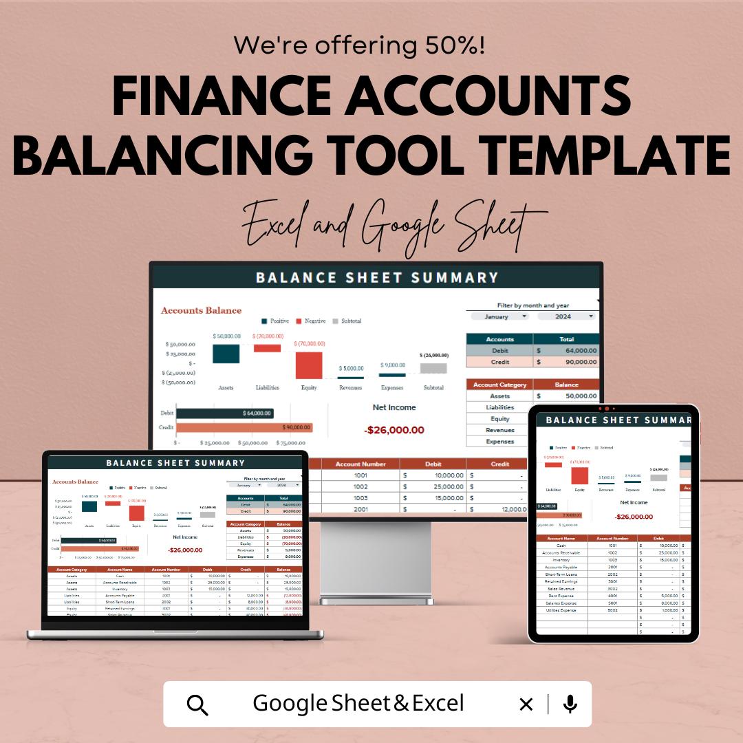 Finance Accounts Balancing Tool Template | Balance Sheet Summary Template | Accounting Tracker | Financial Management Spreadsheet