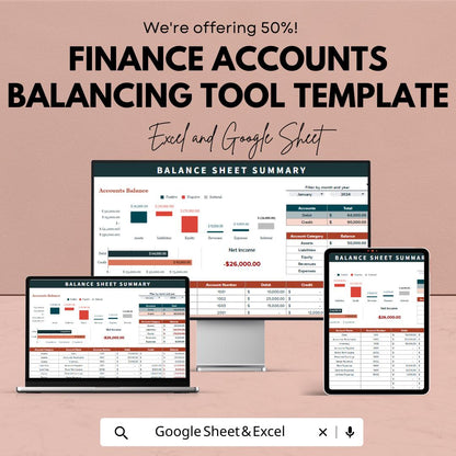 Finance Accounts Balancing Tool Template | Balance Sheet Summary Template | Accounting Tracker | Financial Management Spreadsheet