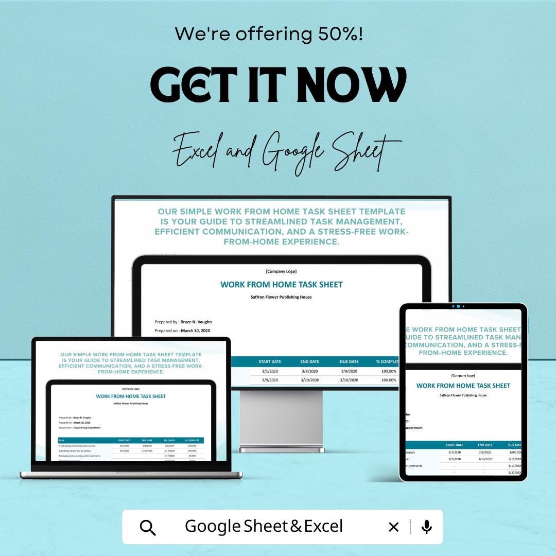 Simple Work From Home Task Sheet Template for Excel & Google Sheets | Task Management | Instant Download | 50% Off