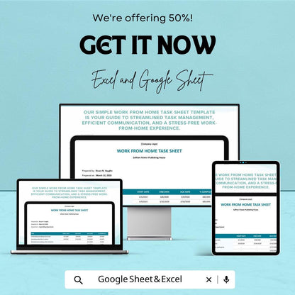 Simple Work From Home Task Sheet Template for Excel & Google Sheets | Task Management | Instant Download | 50% Off