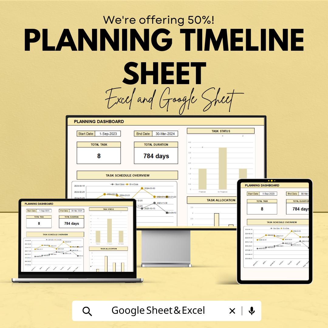 Planning Timeline Sheet | Project Dashboard Template | Task Tracker & Schedule | Visual Gantt Style Planner | Instant Download