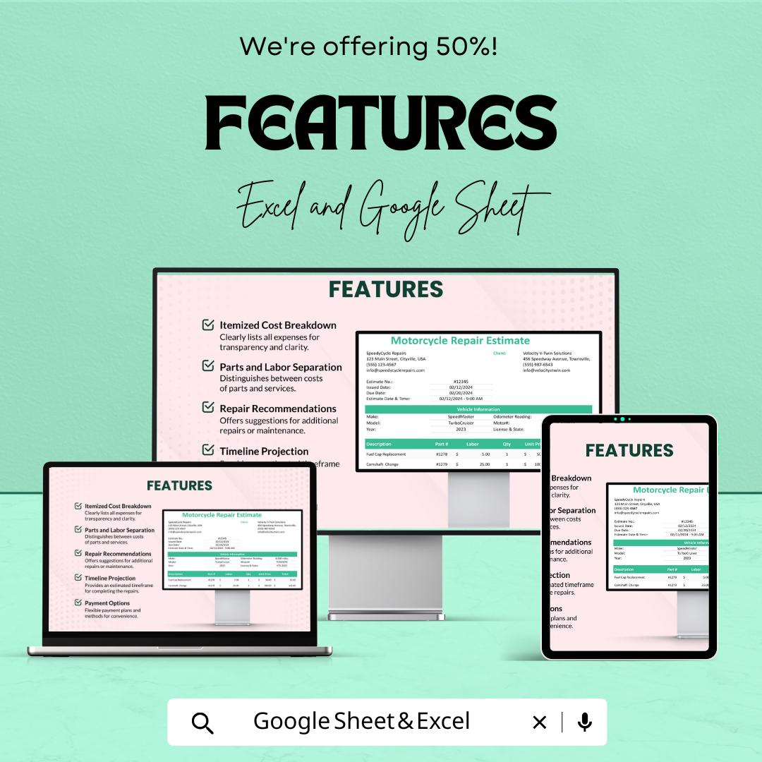 Motorcycle Repair Estimate Template - Excel & Google Sheets, Professional Vehicle Repair Estimation, Customizable, Maintenance Quote