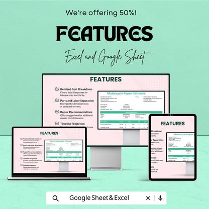 Motorcycle Repair Estimate Template - Excel & Google Sheets, Professional Vehicle Repair Estimation, Customizable, Maintenance Quote