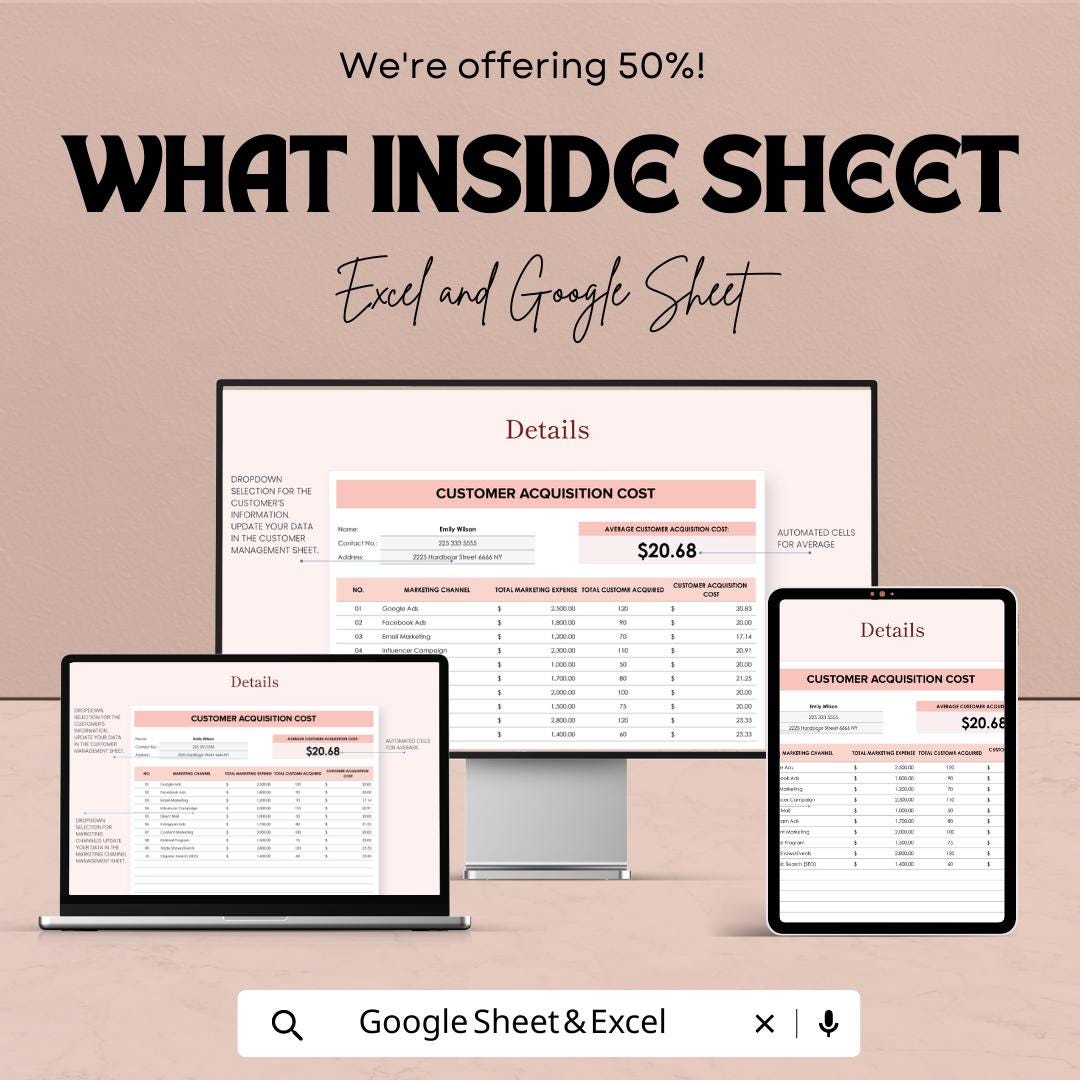 Customer Acquisition Cost Template | CAC Calculator Spreadsheet | Marketing Cost Tracker |  Marketing Budget Tracker
