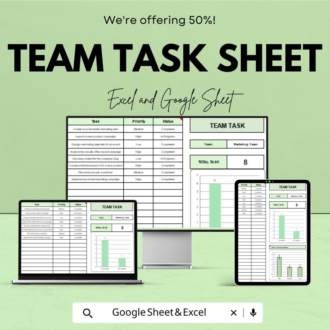 Team Task Sheet Template for Excel and Google Sheets | Task Management & Team Collaboration Tracker | Boost Efficiency | 50% Off!
