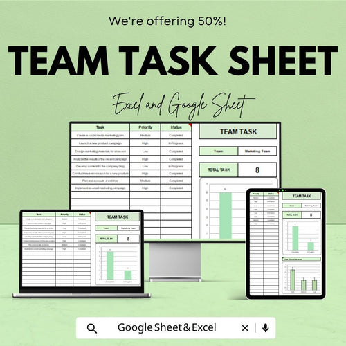 Team Task Sheet Template for Excel and Google Sheets | Task Management & Team Collaboration Tracker | Boost Efficiency | 50% Off!