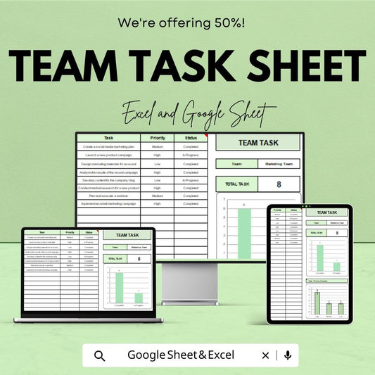 Team Task Sheet Template for Excel and Google Sheets | Task Management & Team Collaboration Tracker | Boost Efficiency | 50% Off!