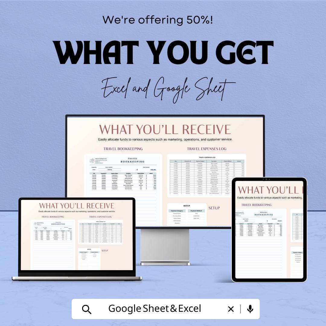 Travel Bookkeeping Sheet | Excel and Google Sheet | 50% OFF | Expense & Income Tracking Template