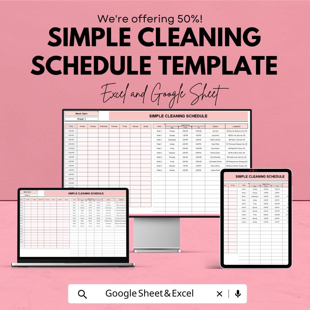 Simple Cleaning Schedule Template | Google Sheets & Excel | Editable Cleaning Planner | Housekeeping Checklist | Cleaning Rotation Sheet