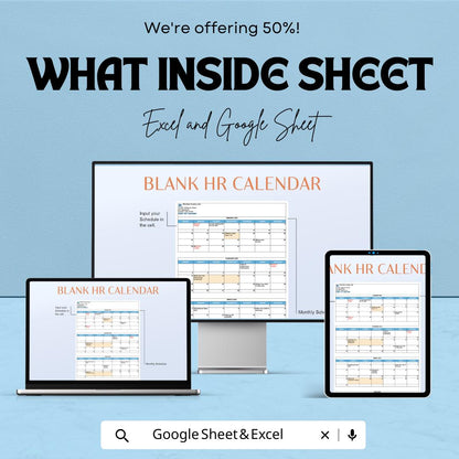 Blank HR Calendar Sheet - Excel & Google Sheet, Customizable Employee Schedule Template, HR Management Calendar