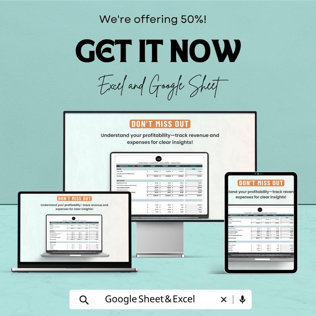 Profit and Loss Statement Template  | Income Statement Template | Business Finance Tracker | Monthly Profit Loss Spreadsheet