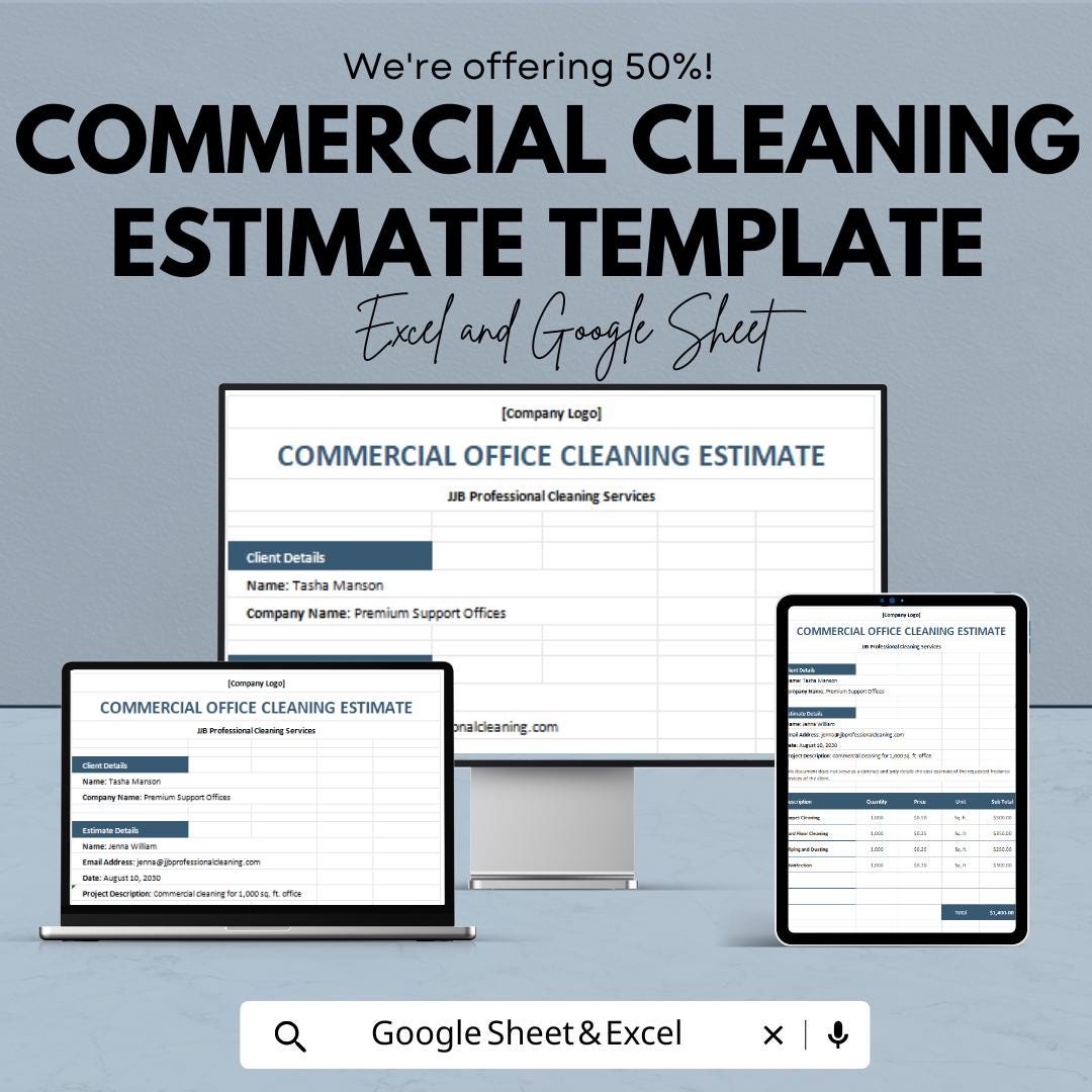 Commercial Cleaning Estimate Template | Cleaning Service Quote Sheet | Google Sheets & Excel Estimate Form | Office Cleaning Quote