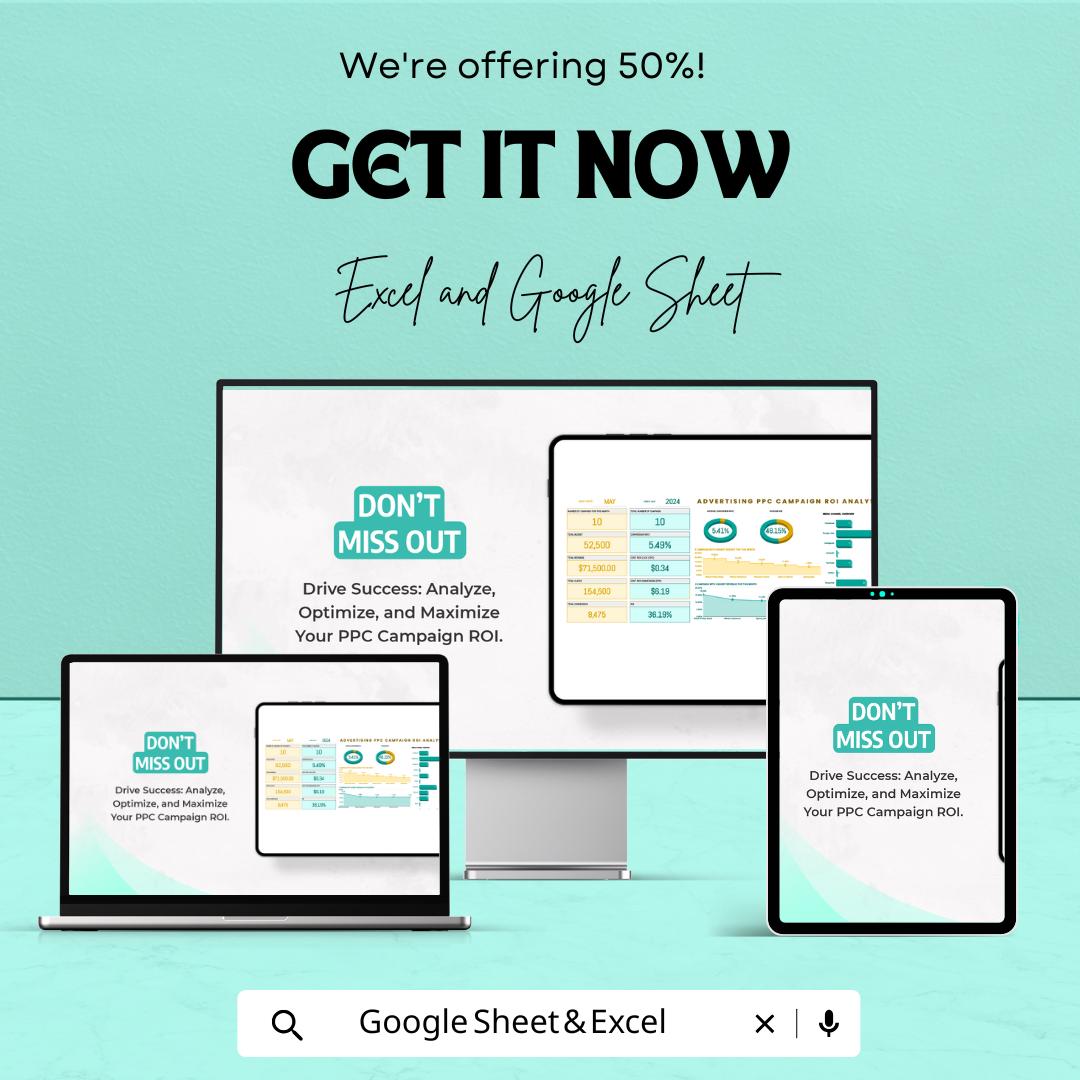 PPC ROI Analysis Sheet | Advertising Campaign Tracker | Google Sheets & Excel | Conversion Rate Report | ROI Dashboard