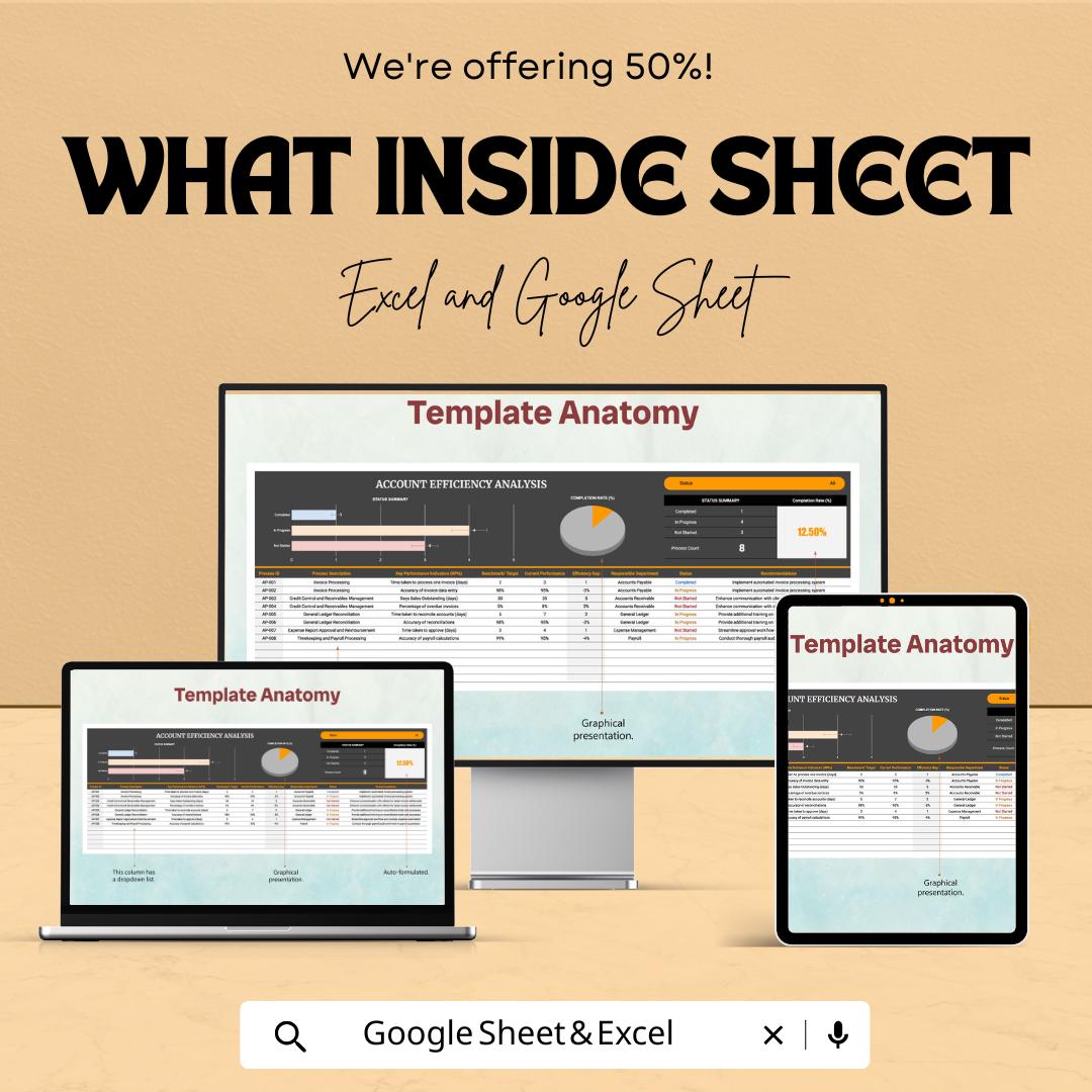 Accounts Efficiency Analysis Template | Financial Performance Dashboard | Accounting KPI Tracker | Excel & Google Sheets