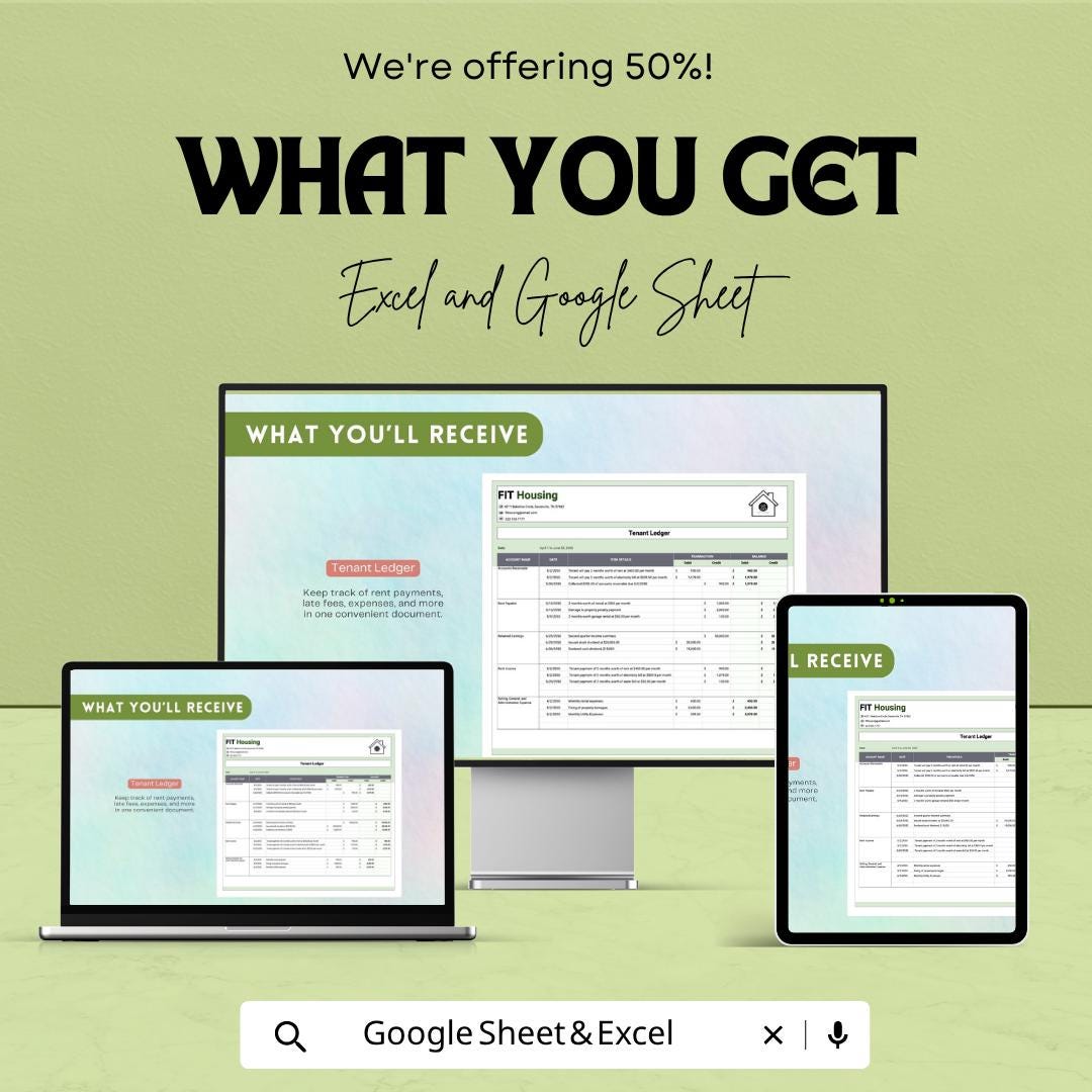 Tenant Ledger Template Excel Google Sheets | Rental Payment Tracker | Rent Ledger Spreadsheet | Property Management Template |